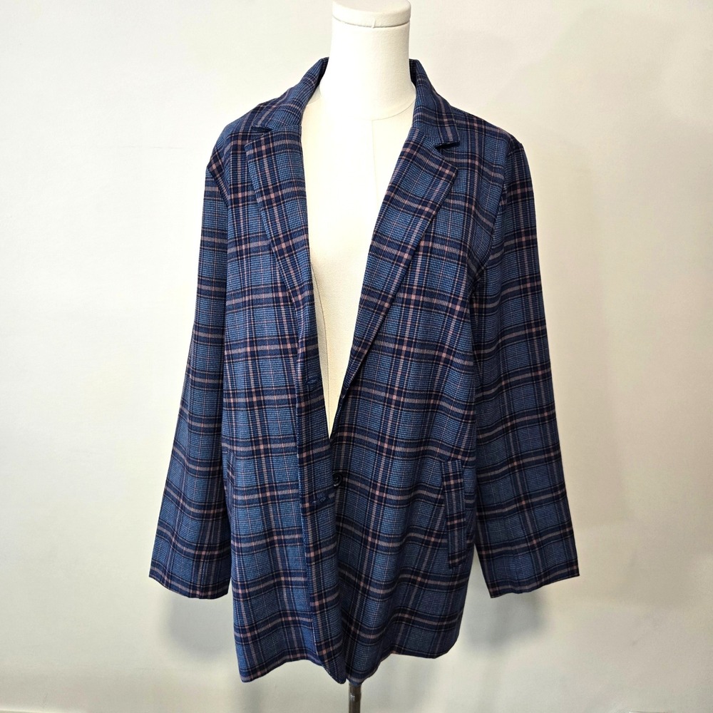 American Eagle Blazer Women Large Blue Pink Plaid Open Front Notched Lapel NEW